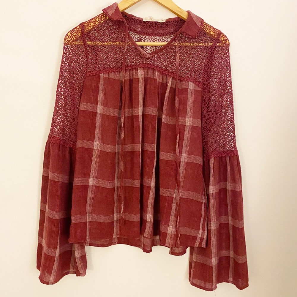 NWT Hazel plaid and lace crochet bell sleeve top